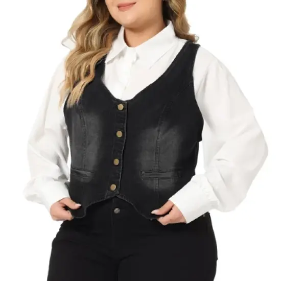 Agnes Orinda Women's Plus Size Sleeveless Button Up Fashion Retro Jean Denim Vest image {7}