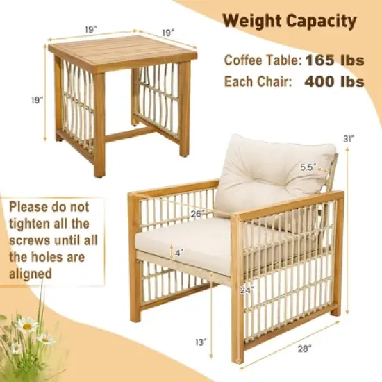 Costway 3PCS Patio PE Wicker Conversation Set Acacia Wood Frame withSeat & Back Cushions image {2}