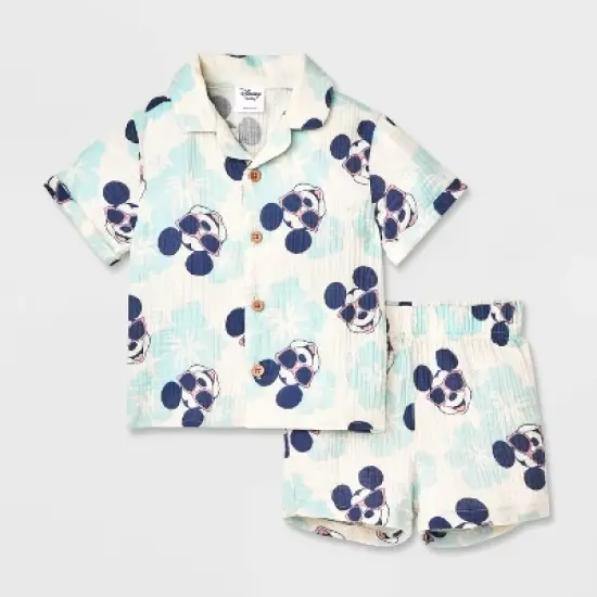 Baby Boys' 2pc Disney Mickey Mouse Woven Gauze Button-Up Top & Shorts Set - Blue image {4}