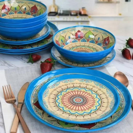 12pc Camilla Melamine Dinnerware Set - Elama: Off-White Medallion Pattern, Service for 4, Dishwasher-Safe, Includes Plates & Bowls image {5}