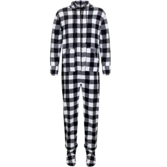 Men's Warm Fleece One Piece Hooded Footed Zipper Pajamas Set, Soft Adult Onesie Footie with Hood for Winter image {18}