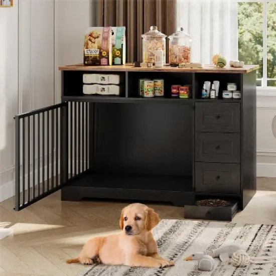48'' Dog Crate Furniture, Farmhouse Dog Kennel Furniture with Dog Bowl & Storage Drawers image {2}