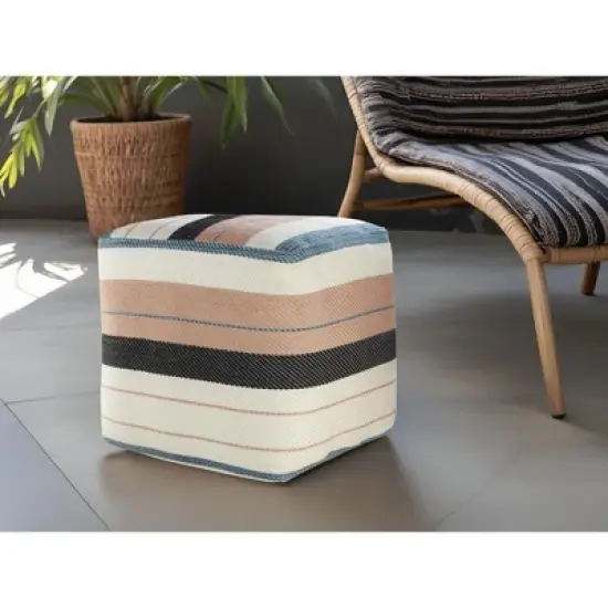 HomeRoots 20" White Polyester Striped Indoor Outdoor Pouf Ottoman image {1}