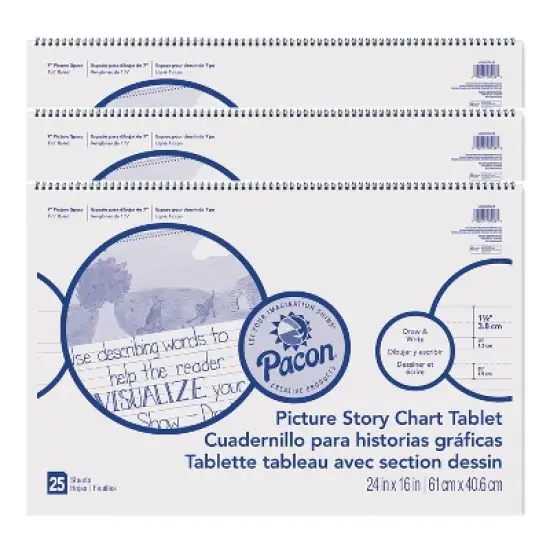 Pacon Picture Story Chart Tablet, White, Ruled Long, 1-1/2" Ruled, 24" x 16", 25 Sheets, Pack of 3 image {3}