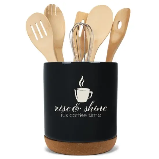 Elanze Designs Rise and Shine It's Coffee Time Barista Ceramic Cork Bottom Black Large Capacity Utensil Holder Crock for Countertop Storage, Stylish & image {4}