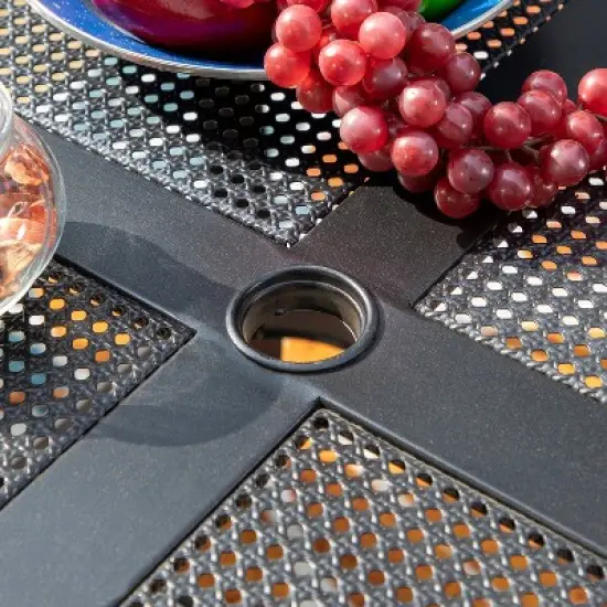 Captiva Designs 5pc Steel Outdoor Patio Dining Set with Patterned Arm Chairs & Square Table with Umbrella Hole Black image {4}