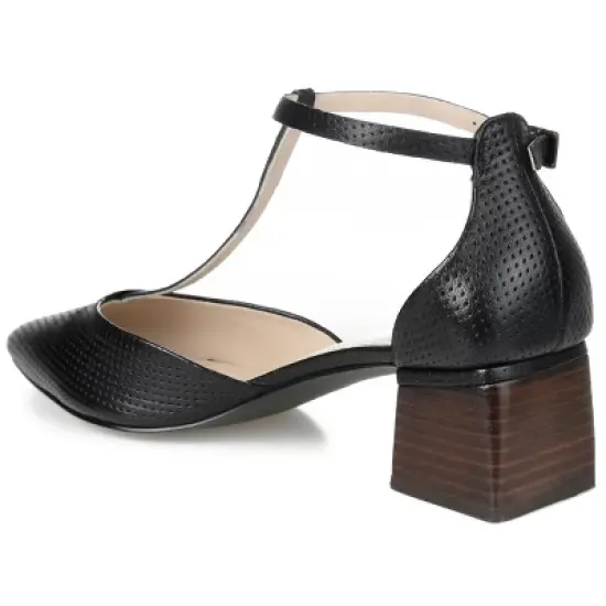 Journee Signature Womens Genuine Leather Cameela Buckle Low Stacked Heel Almond Toe Pumps image {6}