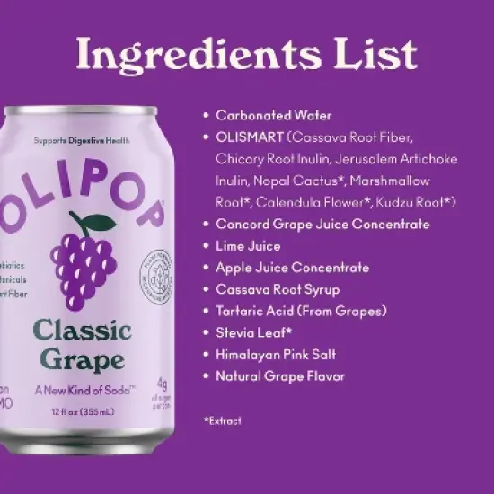OLIPOP Classic Grape Prebiotic Soda - 12 fl oz Can image {7}