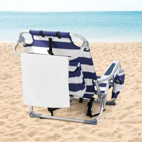 FURNIinspire Outdoor Portable Chair Adjustable Back with Storage for Relaxing Adventures, Blue Stripes, 24.8"*25.6"*32.28" image {3}