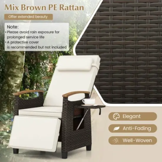 Costway 1/2 PCS Patio Wicker Recliner Chair with Adjustable Backrest Footrest Flip Side Table White/Black image {6}