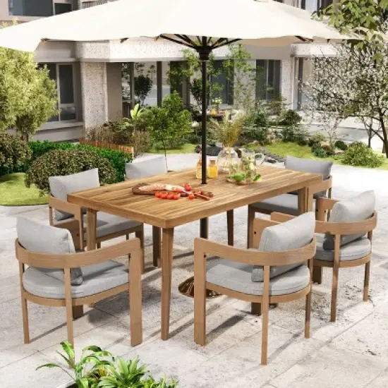 7 Piece Outdoor Patio Dining Set,63&lsquo;&rsquo;W Acacia Wood Dining Table and 6 Aluminum Upholstered Dining Chairs Set,Modern Dining Set for 6-Coolbibila image {8}