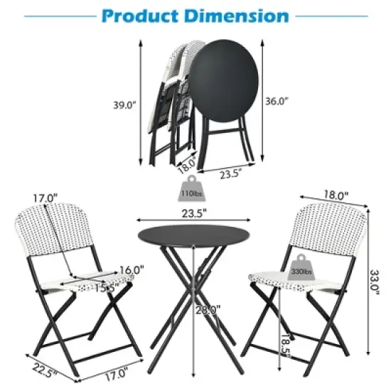 Costway 3PCS Patio Rattan Bistro Set Folding Table Chairs Garden Deck image {3}