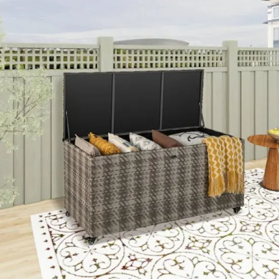 WELLFOR 96gal Outdoor PE Wicker Storage Box with 4 Wheels for Gardening Tools Gray image {3}