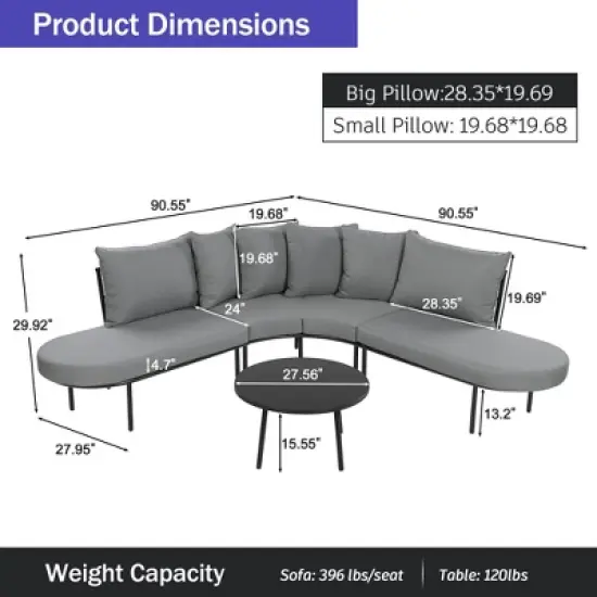 FIONECA Half-Moon Outdoor Sofa Set with Coffee Table, All-Weather Iron Frame & Cushions, Gray Patio Conversation Set for 6 image {5}