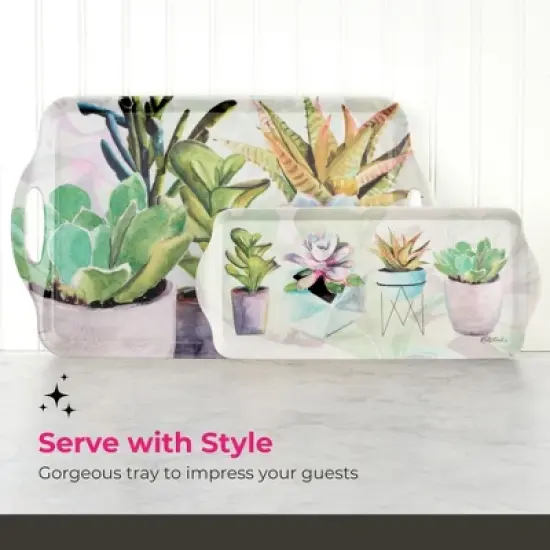 Pimpernel Succulents Large Handled Tray - 18.9" x 11.6" Melamine Serving Tray with Botanical Design - Dishwasher-Safe image {3}