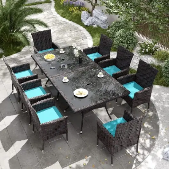 ALAULM Patio Furniture Outdoor Dining Set, Wicker Rattan Patio Dining Table and Chairs Set, Square Tempered Glass Tabletop with Umbrella Set image {8}