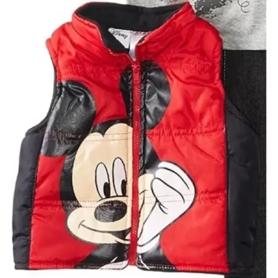 Disney Baby Boys' Mickey Mouse 3-Piece Vest, Shirt & Jeans Set, Red/Black, 12 Months image {1}