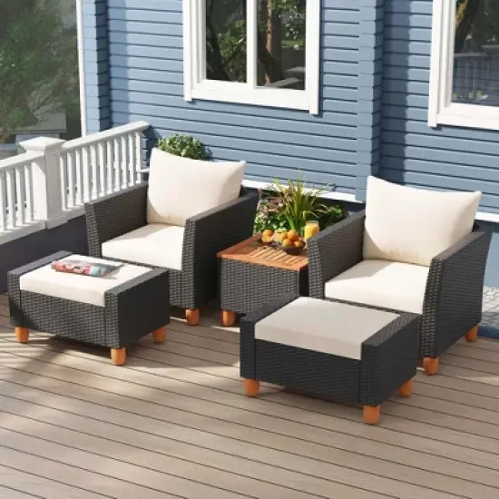 Costway 5 PCS Patio Furniture Set with Storage Table Ottomans Soft Pillows & Cushions image {3}