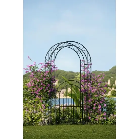 8FT Black Garden Arch with Gate &uml;C Heavy-Duty Metal Arbor for Wedding Decor, Sturdy Steel Archway for Climbing Roses & Vines image {5}