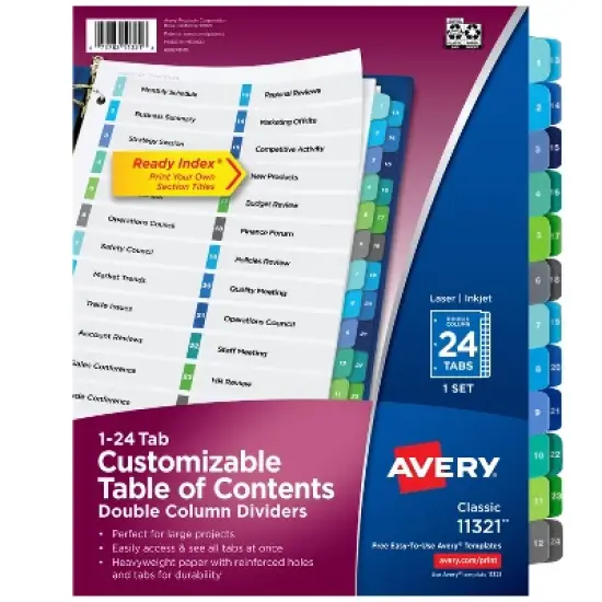 Avery Ready Index 24 Tab Double Column Binder Dividers, Customizable Table of Contents, Multicolor Tabs, 1 Set (11321) image {8}