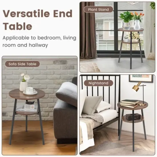 Costway 2PCS 2-Tier Bedside End Table Round Nightstand for Bedroom Living Room Brown/Walnut image {4}