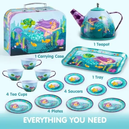 Joyfy Kid Tea Set, Mermaid Tea Party Set for Girls, Princess Pretend Play Tin Teapot Set Kitchen Toy for Girls Toddlers 2 3 4 5 6 Years Old image {1}