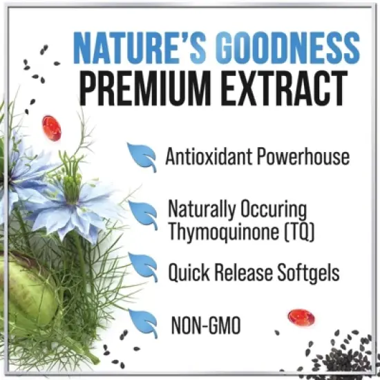 Premium Blackseed Oil 1000mg - Pure Nigella Sativa Black Seed with Thymoquinone & Vegan for Skin & Immune Support - 60 Softgels By Hello Lovely! image {6}