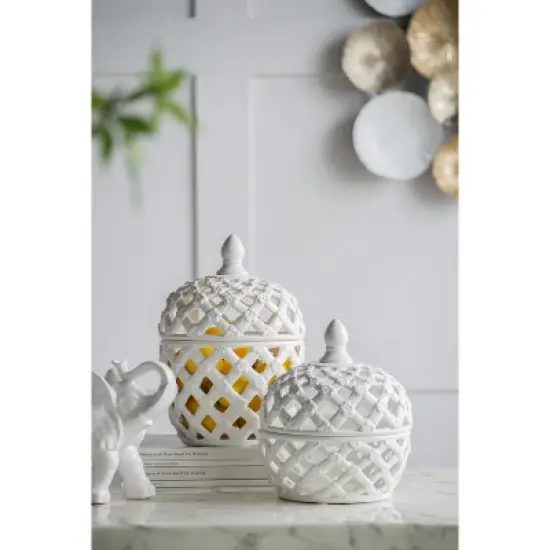 D8x9.5in White Ceramic Lidded Jar with Lattice Design image {8}