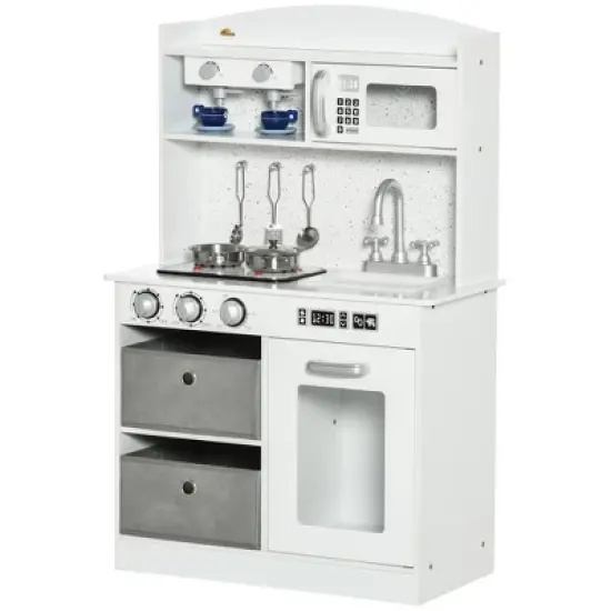 Qaba Wooden Play Kitchen with Easy Toy Organizer Bins, Latte Maker Pretend Play Kitchen Set with Stove Sound Effects, Preschool Toy Playset image {3}