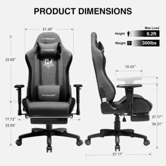 GTRACING Gaming Chair Fabric Height Adjustable Footrest Reclining Office Chair Darkgray image {6}