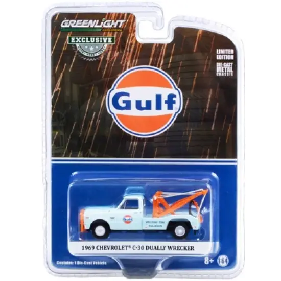 1969 Chevrolet C-30 Dually Wrecker Tow Truck "Gulf Oil" Light Blue "Welding Tire Collision" 1/64 Diecast Model Car by Greenlight image {2}