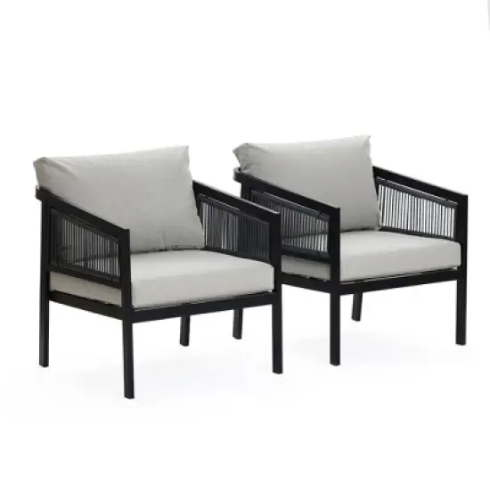 LuxenHome Outdoor Black Steel with PE Rope Armchairs with Cushions, Set of 2 image {10}
