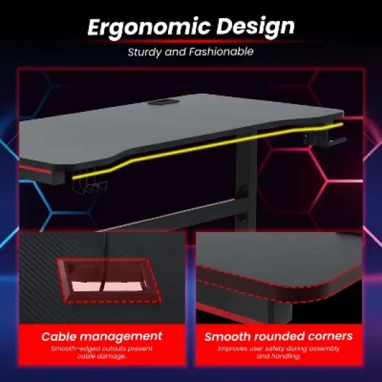 BestMassage 47 Inch Computer Desk Gaming Desk Writing Desk T-Shaped Office Desk PC Desk with Built-in Cup Holder, Red image {2}