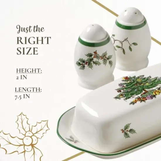 Spode Christmas Tree 3-Piece Hostess Set - Butter Dish with Lid, Salt Shaker, Pepper Shaker  - Dishwasher Safe Collectible Gift Set image {6}