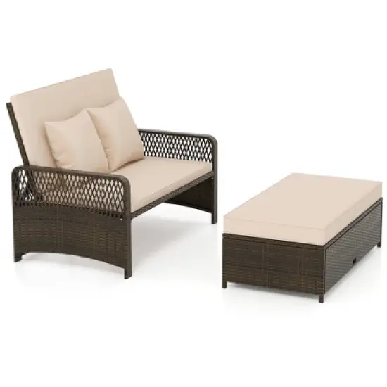 Tangkula Patio Rattan Daybed Wicker Loveseat Sofa w/ Multifunctional Ottoman image {9}