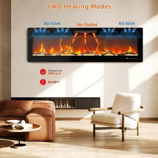 Acekool 90" Built-in Electric Fireplace - Wall Mount Heater, 12 Flame Effects, Touchscreen & Remote, Ultra-Slim Black Design image {1}
