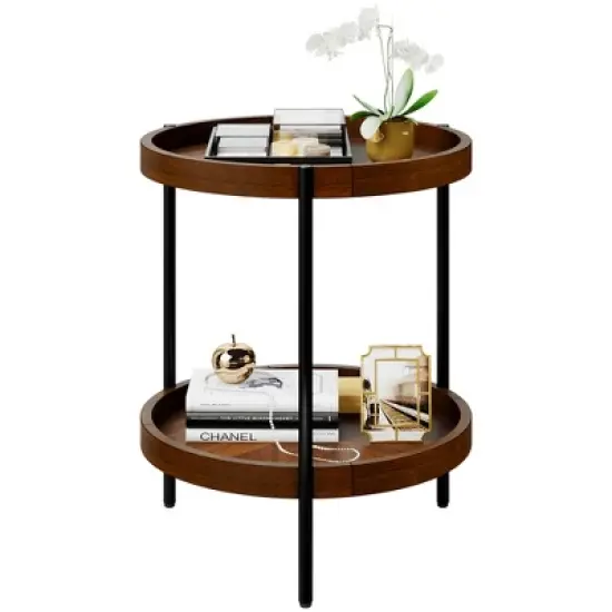 Costway 2-tier Round Side End Table Storage Shelf Rubber Wood Accent Nightstand image {9}