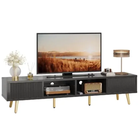 Bestier 71" Modern TV Stand for 75/80 inch TV with Fluted Sliding Doors, High Gloss Entertainment Center with Storage for Living Room, Cord Management image {6}