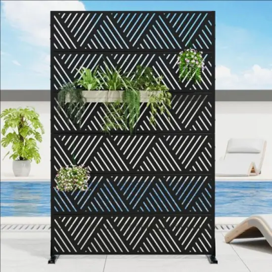 PexFix 72" x 47" Metal Privacy Screen Outdoor Freestanding Decorative Privacy Screen for Patio Deck Balcony Garden with Stable Base Triangular Black image {5}