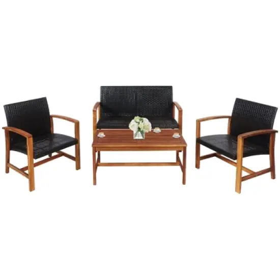 Tangkula 4PCS Patio Conversation Set Outdoor Furniture Set w/ Acacia Wood Frame image {9}