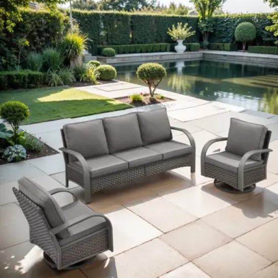 POCASSY 3 Pieces Patio Sofa Set, Patio Furniture Set with Patio Couch and Swivel Patio Chair, Metal Armrest All Weather Wicker Patio Set for Porch image {12}