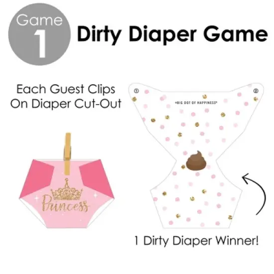 Big Dot of Happiness Little Princess Crown - Pink and Gold Princess Baby Shower Conversation Starter - 2-in-1 Dirty Diaper Game - Set of 24 image {4}