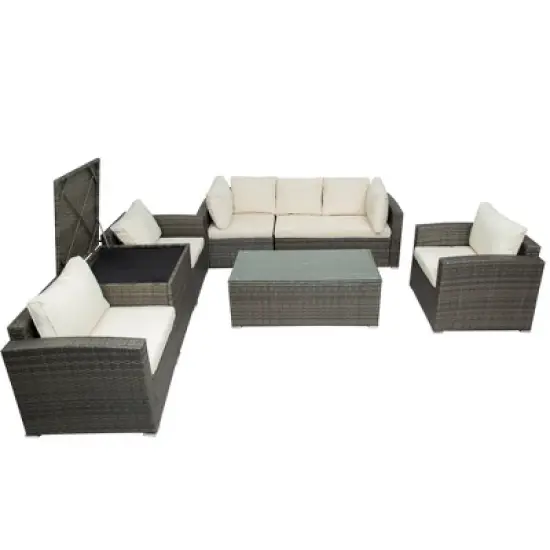 7pc Wicker Patio Set with Cushions & Storage Box - Gray/Beige - GODEER image {4}