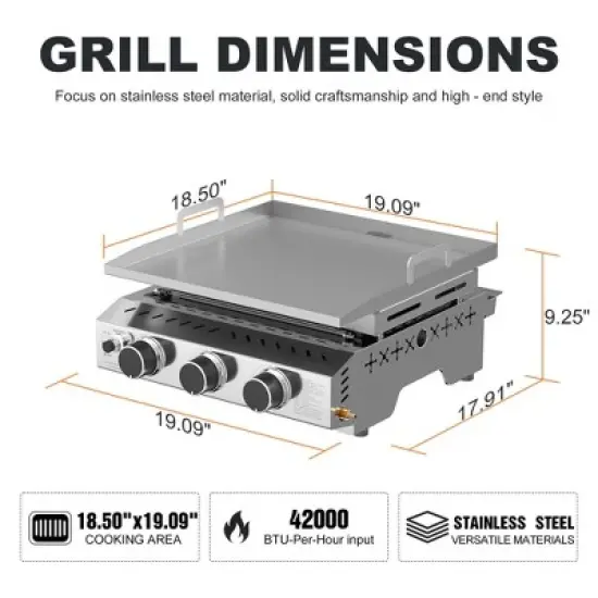 RW FLAME 3-Burner Portable Propane Griddle, 25" 304 Stainless Steel Tabletop Gas Grill, 24,000 BTU for Camping, RVs, Outdoor BBQ image {1}