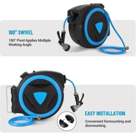 Retractable Garden Hose Reel 5/8 inch x 65 ft Wall Mount With 9-Pattern Nozzle image {2}