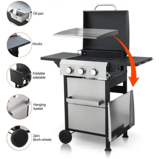Dolonm 3-Burner Gas Grill 36,900BTU w/SS Plancha & Dual Enamel Grids - Foldable Side Table, 6 Hooks - Space-Saving BBQ image {7}