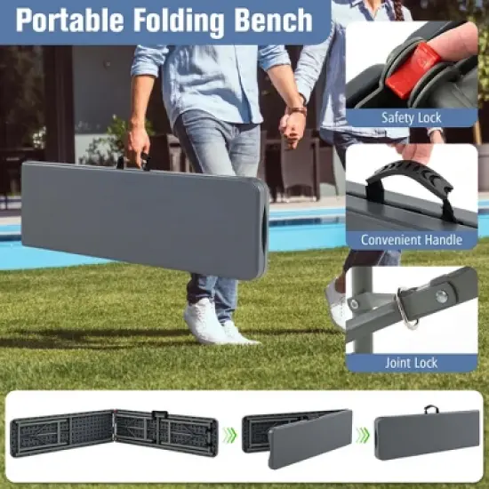 Costway 6 ft Plastic Folding Bench with 1320 LBS Capacity Handle & Lock For Outdoor Picnic White/Gray image {7}
