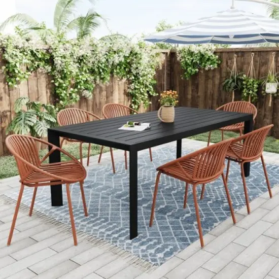 CAVINAS Dining Table Set for 6, Metal Picnic Table Polypropylene Patio Table and Chairs Set with 4 Stackable Chairs for Patio image {6}