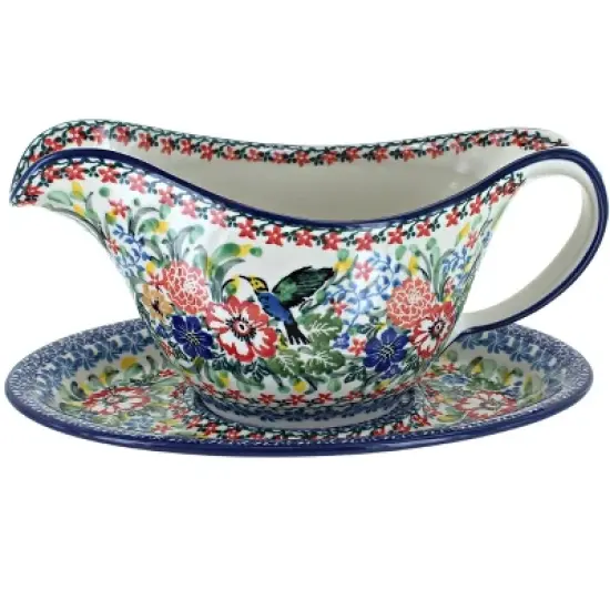 Blue Rose Polish Pottery 239 Ceramika Gravy Boat & Plate image {3}
