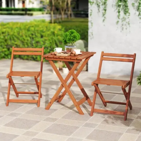 Tangkula 3 PCS Outdoor Wood Bistro Set w/ 2 Folding Chairs & Dining Table for Backyard image {2}